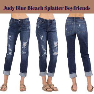Judy Blue Mid-Rise Boyfriend Bleach Splash Destroyed Jeans - Dark Blue Wash